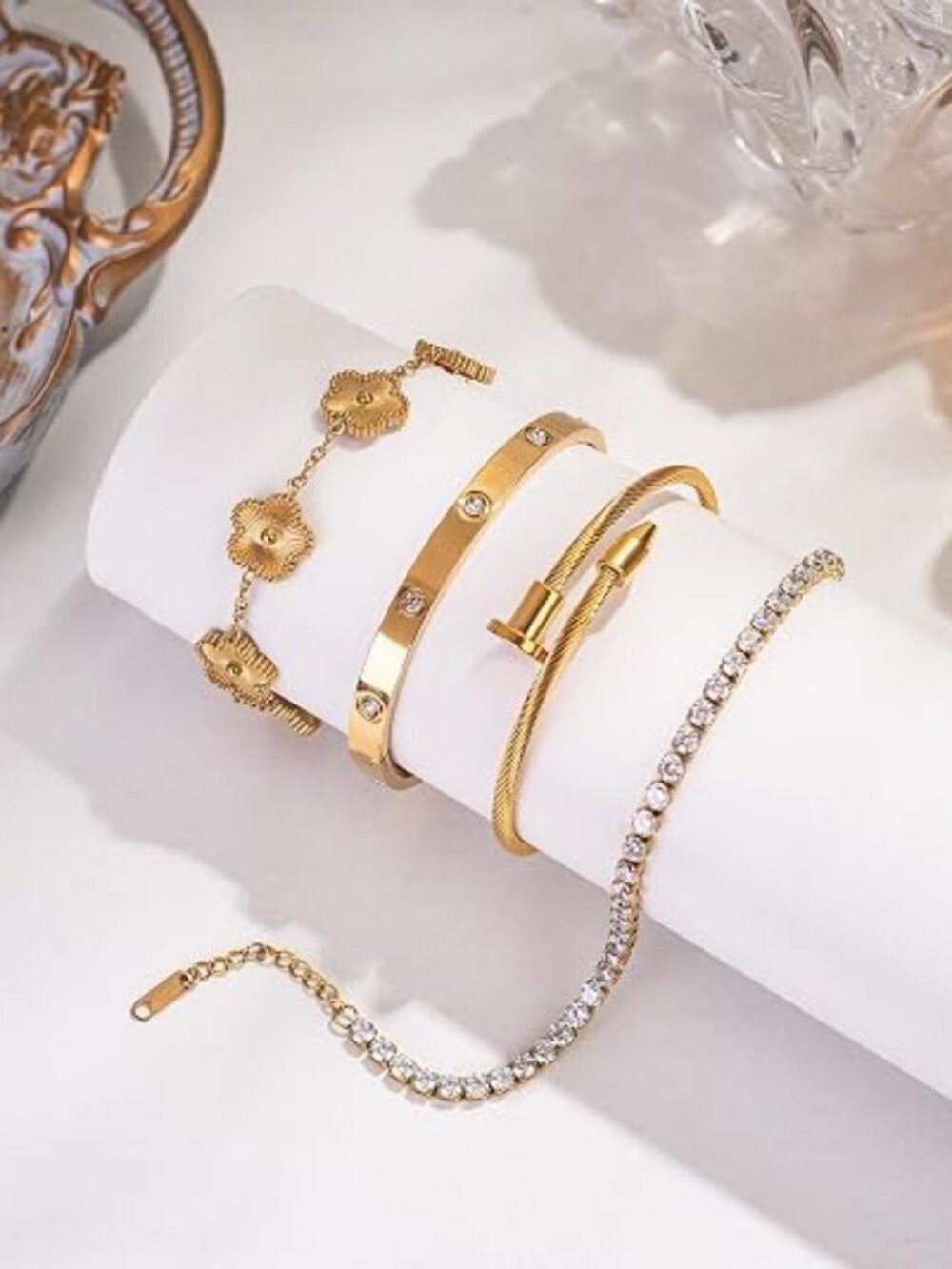 18K Gold Plated Bangle Bracelet Set for Women Stackable Lucky Floral Adjustable